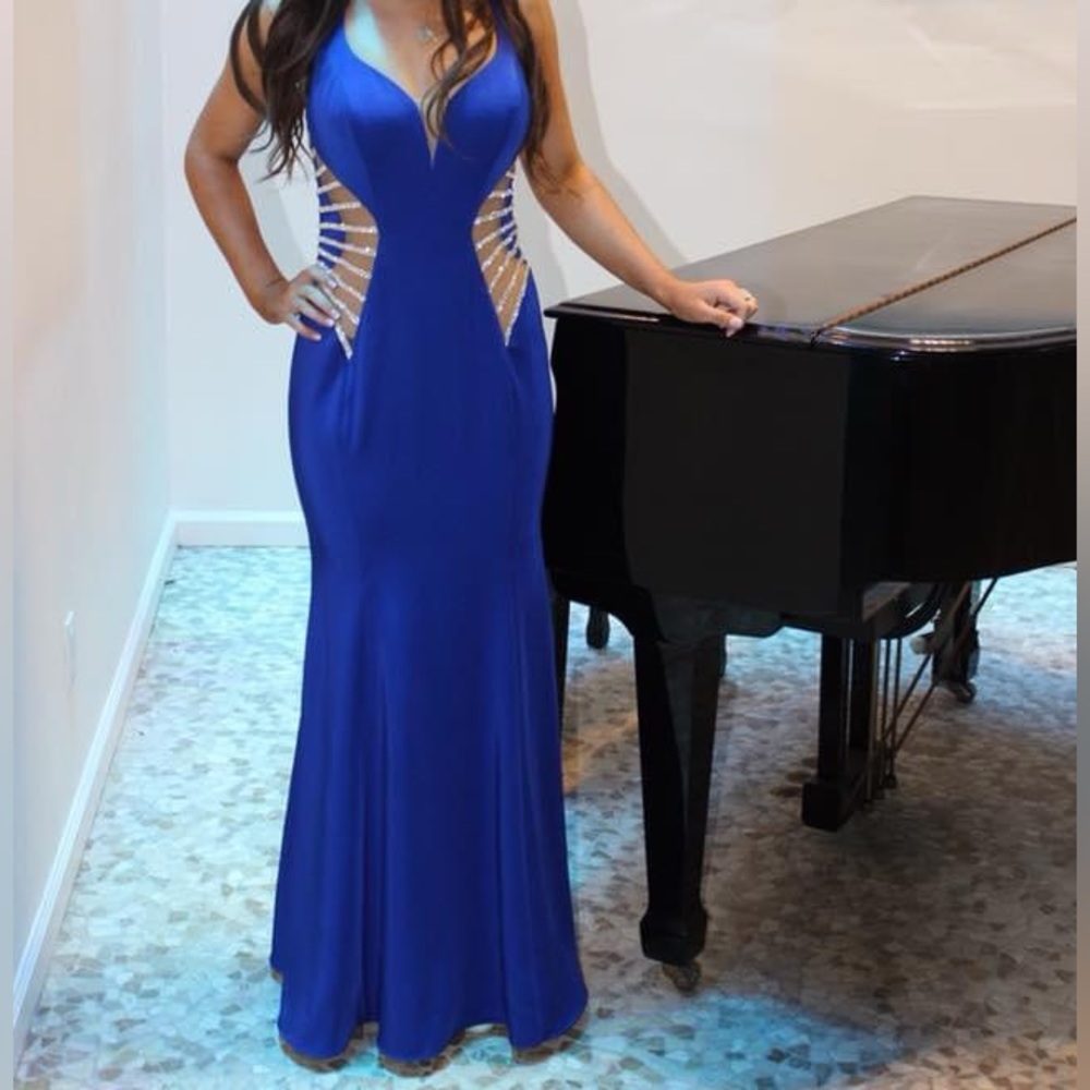 La Femme Royal Blue Rhinestone Mesh Long Formal Prom Dress
